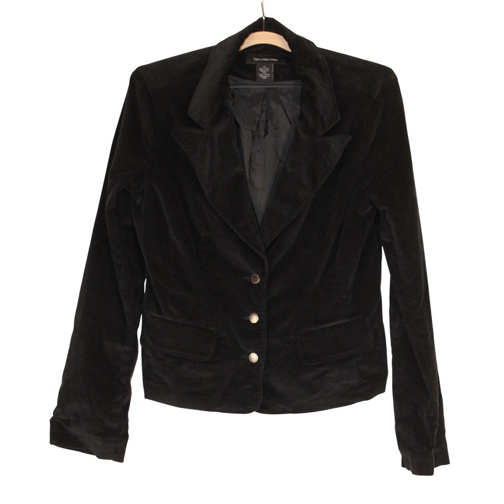 Retro Gothic Chic Dark Academia Calvin Klein Fitted Black Corduroy Blazer L